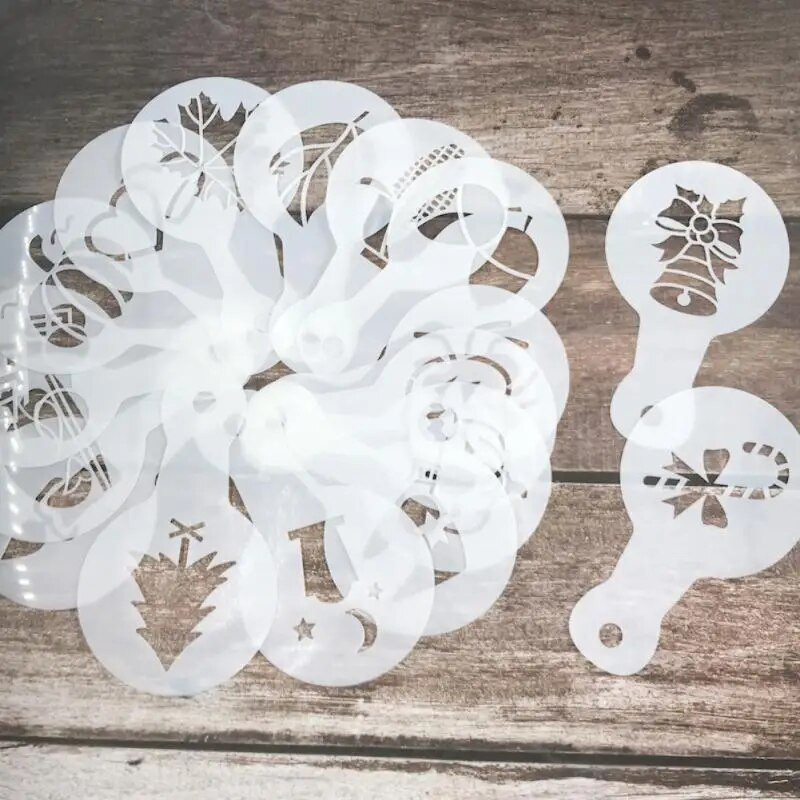 25Gb. Kafijas trafareti Izsmalcināti kafijas apdrukas modelim putu izsmidzināmie kūku trafareti Kafijas zīmēšanas kapučīno veidņu kafijas trafareti