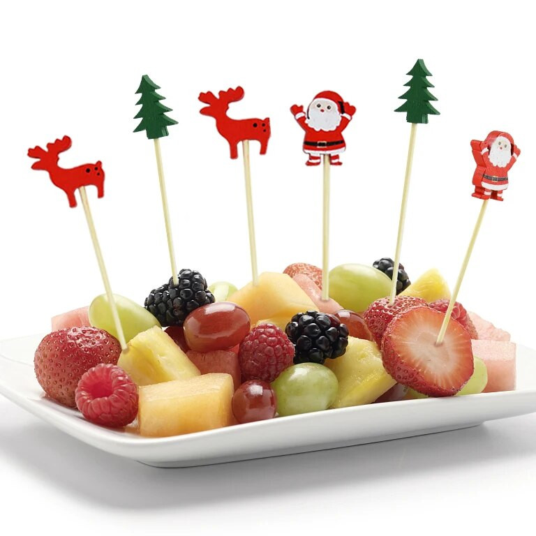 100 vnt Kalėdų bambuko lazdelės Animacinių filmų Kalėdų Senelio snaigės švediško stalo pyragaičių vaisių šakutė Kalėdų vakarėlio desertų kokteilių lazdelės