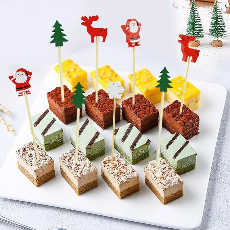 100 vnt Kalėdų bambuko lazdelės Animacinių filmų Kalėdų Senelio snaigės švediško stalo pyragaičių vaisių šakutė Kalėdų vakarėlio desertų kokteilių lazdelės