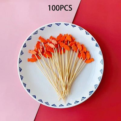 100 vnt. Velykų vaisių šakutė vienkartinė bambuko iešmeliai Triušio morkų maisto rinktukai Vaisių šakutė sumuštinis švediško stalo lazdelė Linksmų Velykų dekoras