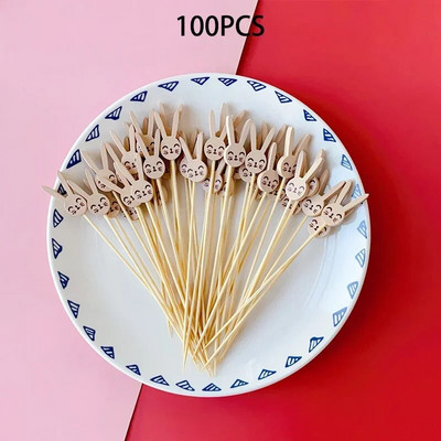 100 vnt. Velykų vaisių šakutė vienkartinė bambuko iešmeliai Triušio morkų maisto rinktukai Vaisių šakutė sumuštinis švediško stalo lazdelė Linksmų Velykų dekoras