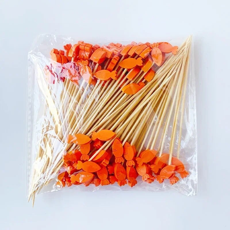 100 vnt. Velykų vaisių šakutė vienkartinė bambuko iešmeliai Triušio morkų maisto rinktukai Vaisių šakutė sumuštinis švediško stalo lazdelė Linksmų Velykų dekoras