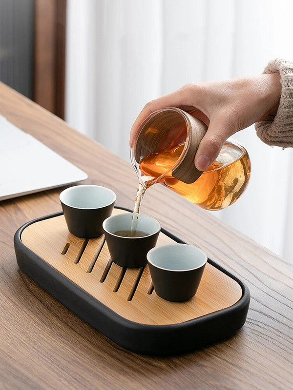 4vnt Kuai Ke puodelio kelioninis arbatos rinkinys nešiojimo krepšys Kung Fu arbatos puodelis Stiklas 1 puodas 3 keraminis puodelis lauko arbatinukas mažas rinkinys puodelio rinkinys