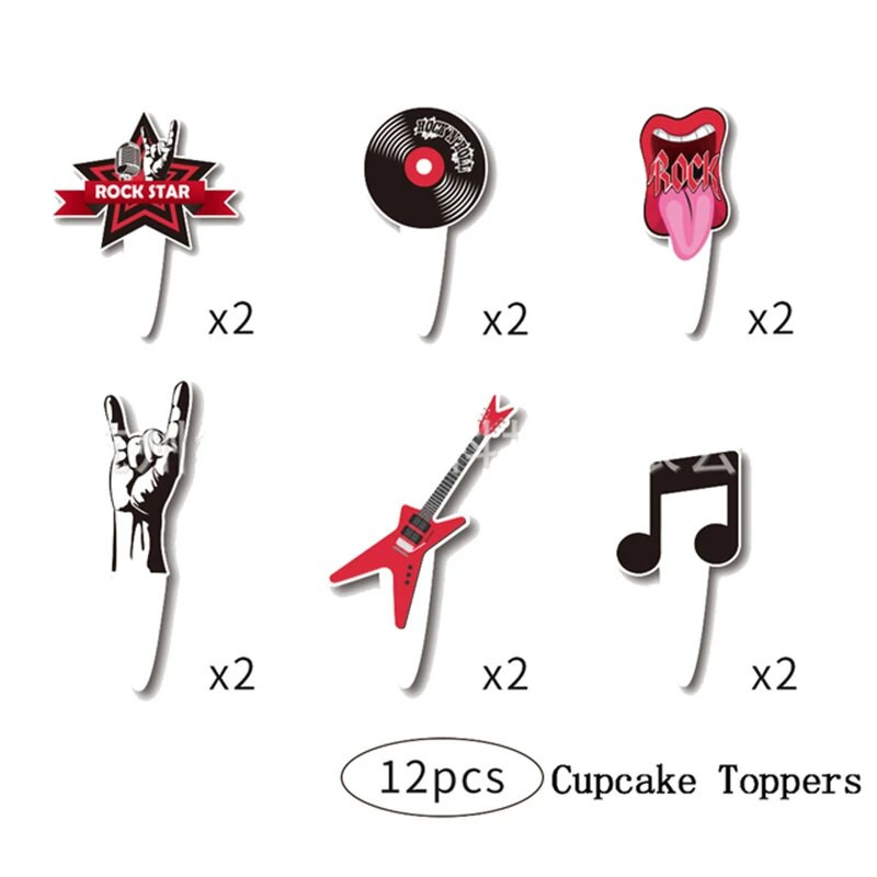 Rock and Roll léggömbök Videó Jegyzet Gitár Zenekar Mikrofon Boldog születésnapot Banner Party Dekorációk Zene Rádió Torta Topper Ballon