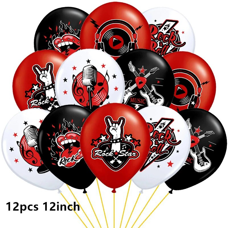 Rock and Roll léggömbök Videó Jegyzet Gitár Zenekar Mikrofon Boldog születésnapot Banner Party Dekorációk Zene Rádió Torta Topper Ballon