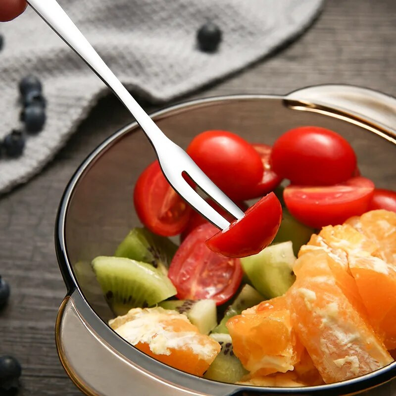 5kom/komplet Voćna vilica s dva zuba Srebrni kolač od nehrđajućeg čelika Grickalice Western posuđe Lijepe mini vilice za desert Odijelo Kućni pribor za jelo