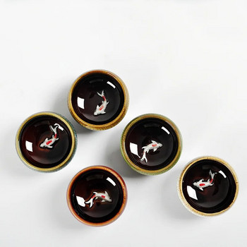 6 бр. Комплект чаши за чай Kung Fu, комплекти чаши за чай от китайски порцелан, керамичен сервиз за чай yaobian, смяна на златни рибки, глазура, купа за чай за пътуване