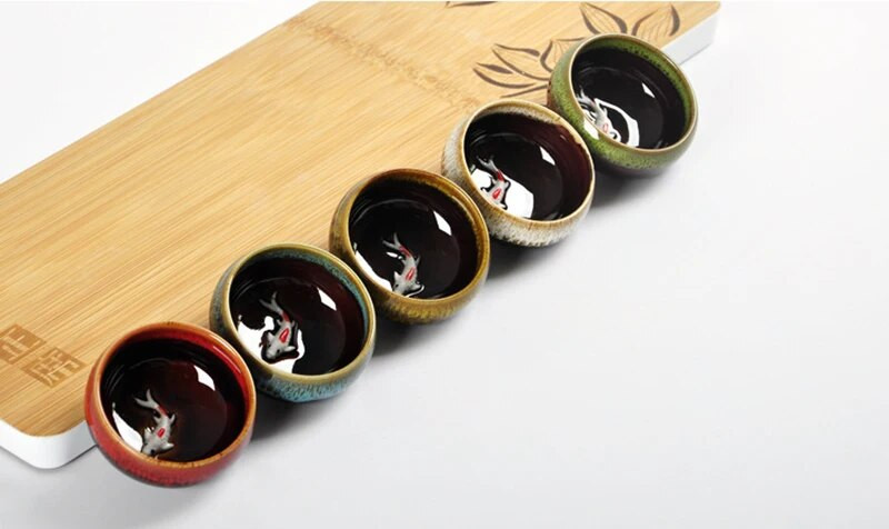 6 бр. Комплект чаши за чай Kung Fu, комплекти чаши за чай от китайски порцелан, керамичен сервиз за чай yaobian, смяна на златни рибки, глазура, купа за чай за пътуване