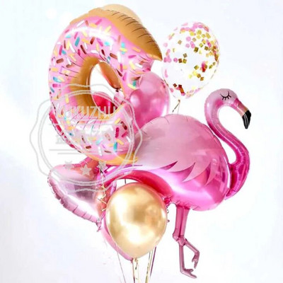 1 σετ Flamingo Donut Foil Balloon 18 ιντσών μπάλες καρδιάς 12`` latex Balloons Baby Shower Birthday Party Χαβάης Διακόσμηση