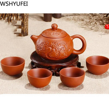 1 тенджера и 4 чаши без основа Yixing Пурпурен пясъчен комплект за чай Пътуващ преносим костюм за чай Консумативи за китайска чаена церемония Productos Chinos