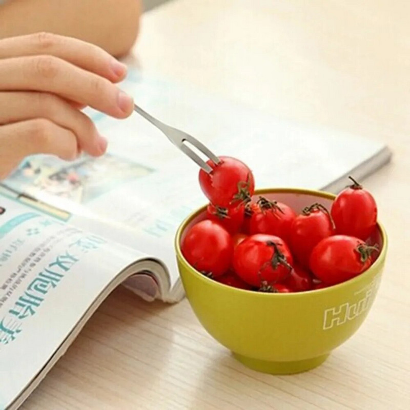 10 komada Vilica za voće od nehrđajućeg čelika s dva zupca Vilice za grickalice, kolače, deserte, posuđe, restoran, kafeterija, zabava, voćna vilica 13 cm 도시락꾸미기