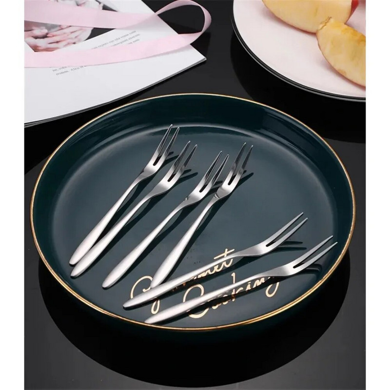 10 komada Vilica za voće od nehrđajućeg čelika s dva zupca Vilice za grickalice, kolače, deserte, posuđe, restoran, kafeterija, zabava, voćna vilica 13 cm 도시락꾸미기