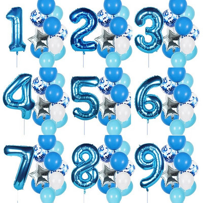 12 бр. Балони за рожден ден на момче Сини латексови балони с конфети с числа Декорация за рожден ден Деца 1 2 3 4 5 6 7 8 9 10 години
