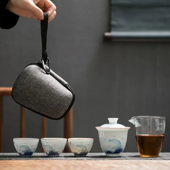 Преносим комплект чайници за пътуване на открито с 3 мини чаши 1 Gaiwan Porcelana Японски сервиз за чай Gaiwan Ceremony Set Подарък за приятел