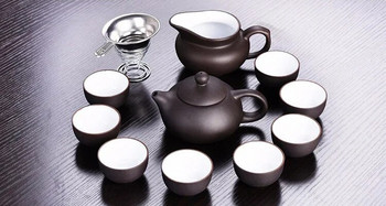 Сервиз за чай Kung Fu от лилава глина Отвън черен отвътре бял Чайник Zisha Yixing Ръчно изработен комплект чаши за чайник Керамичен китайски подарък