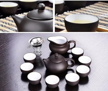 Сервиз за чай Kung Fu от лилава глина Отвън черен отвътре бял Чайник Zisha Yixing Ръчно изработен комплект чаши за чайник Керамичен китайски подарък