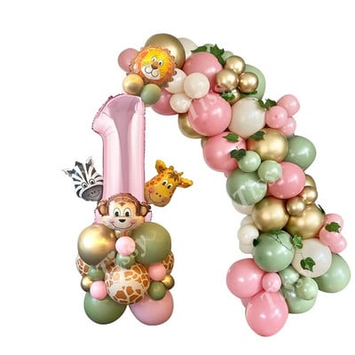 1 σετ χαρτόνι Animal Balloon Tower with Pink Number Balloon for Girl`s Wild One Theme Jungle Safari Birthday Party Decorations