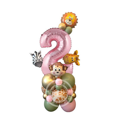 1 set turn de baloane cu animale din carton cu balon cu număr roz pentru decorațiuni pentru petrecerea de zi de naștere cu tematică Jungle Safari pentru fete