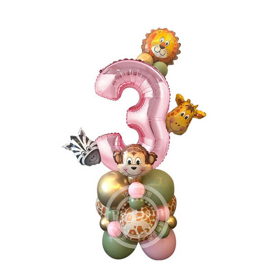 1 set turn de baloane cu animale din carton cu balon cu număr roz pentru decorațiuni pentru petrecerea de zi de naștere cu tematică Jungle Safari pentru fete