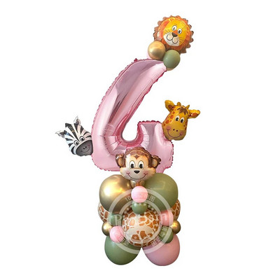 1 set turn de baloane cu animale din carton cu balon cu număr roz pentru decorațiuni pentru petrecerea de zi de naștere cu tematică Jungle Safari pentru fete