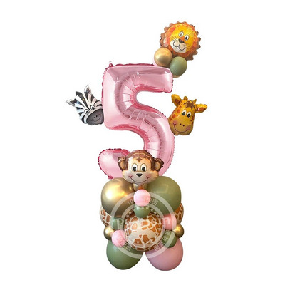 1 set turn de baloane cu animale din carton cu balon cu număr roz pentru decorațiuni pentru petrecerea de zi de naștere cu tematică Jungle Safari pentru fete