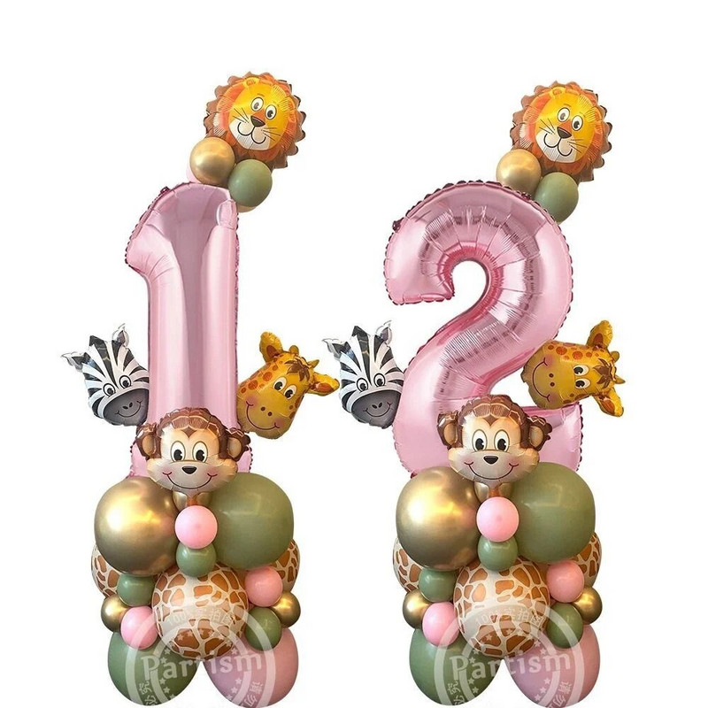 1 set turn de baloane cu animale din carton cu balon cu număr roz pentru decorațiuni pentru petrecerea de zi de naștere cu tematică Jungle Safari pentru fete