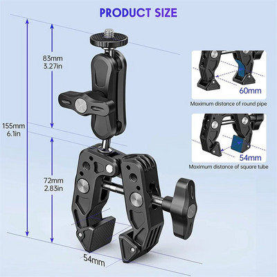 Super Clamp Camera Clamp Mount Monitor 360° Ballhead Magic Arm Adapter 1/4"-20 3/8" Canoni Nikoni DSLR-kaamera/Gopro/Lightsi jaoks