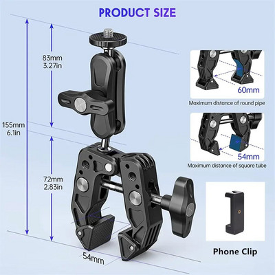 Super Clamp Camera Clamp Mount Monitor 360° Ballhead Magic Arm Adapter 1/4"-20 3/8" Canoni Nikoni DSLR-kaamera/Gopro/Lightsi jaoks