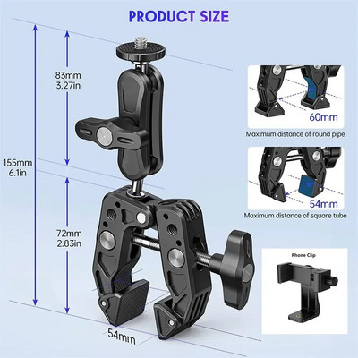 Super Clamp Camera Clamp Mount Monitor 360° Ballhead Magic Arm Adapter 1/4"-20 3/8" Canoni Nikoni DSLR-kaamera/Gopro/Lightsi jaoks