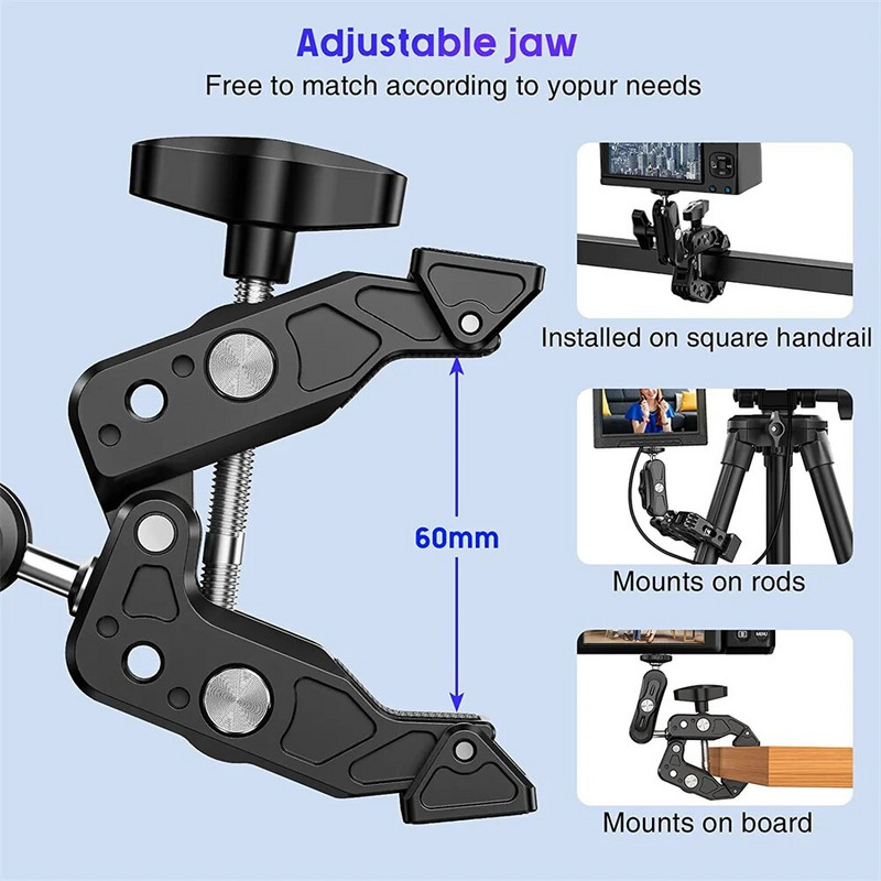 Super Clamp Camera Clamp Mount Monitor 360° Ballhead Magic Arm Adapter 1/4"-20 3/8" Canoni Nikoni DSLR-kaamera/Gopro/Lightsi jaoks