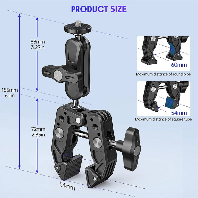 Super Clamp Camera Clamp Mount Monitor 360° Ballhead Magic Arm Adapter 1/4"-20 3/8" Canoni Nikoni DSLR-kaamera/Gopro/Lightsi jaoks