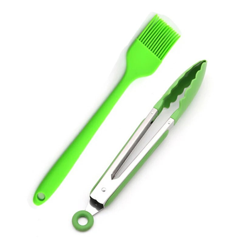 2 kom/1 kom Zelene silikonske hvataljke za roštilj Četka za ulje Kuhinjske hvataljke za pečenje na roštilju Hvataljke za meso, hvataljke za roštilj, Alat za četke za umak
