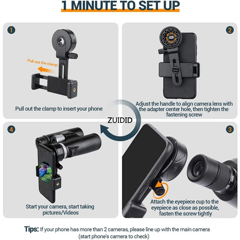 ZUIDID universalaus teleskopo telefono adapterio tvirtinimo suderinami žiūronai, monokulis, mikroskopas, taškas, teleskopas