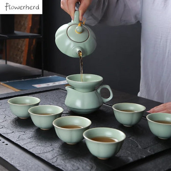 Голяма пещ Ru Kiln Керамика Kung Fu Чаен комплект Чайник Чайник Чаша за чай Gaiwan Tea Infuser Цедка за чай Чайник и чаша Комплект чаши за чай Чай Море