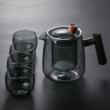 Стъклен чайник Дървена дръжка Китайска чаена церемония Прозрачен комплект чайни чаши Филтър с високо съдържание на бор силиций Janpanese гърне