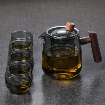 Стъклен чайник Дървена дръжка Китайска чаена церемония Прозрачен комплект чайни чаши Филтър с високо съдържание на бор силиций Janpanese гърне