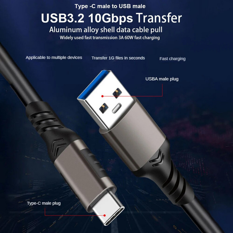 Hannord USB3.2 10Gbps kabelis USB A iki C tipo 3.2 duomenų perdavimo USB C SSD standžiojo disko laidas 3A 60W greito įkrovimo 3.0 įkrovimo laidas