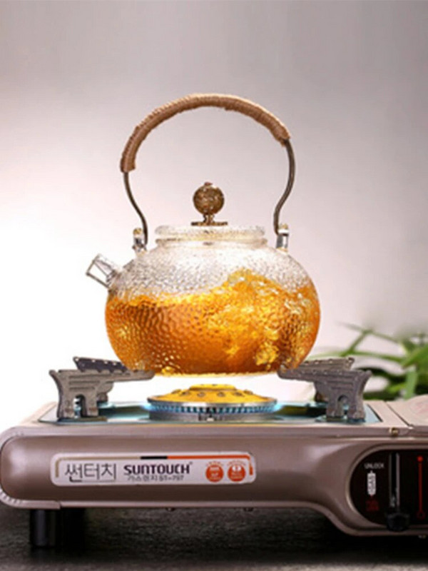 Стъклен чайник Устойчив на висока температура Чаен сервиз Ръчно изработен чайник с цветя с изкована текстура с дръжка за направата на чайник Gaiwan Pu Erh