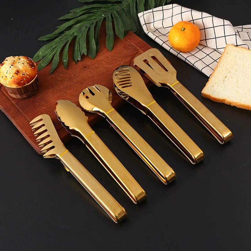 Нехлъзгаща се златна щипка за сервиране на храна от неръждаема стомана Топлоустойчива скоба за пържоли за барбекю Скоба за торта Хляб Кухненски аксесоари