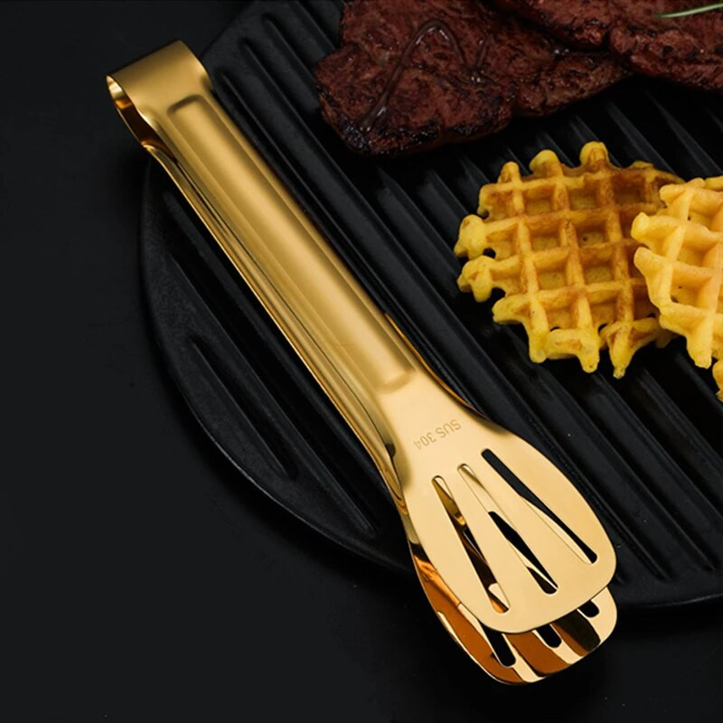 Нехлъзгаща се златна щипка за сервиране на храна от неръждаема стомана Топлоустойчива скоба за пържоли за барбекю Скоба за торта Хляб Кухненски аксесоари