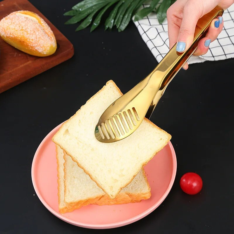 Нехлъзгаща се златна щипка за сервиране на храна от неръждаема стомана Топлоустойчива скоба за пържоли за барбекю Скоба за торта Хляб Кухненски аксесоари