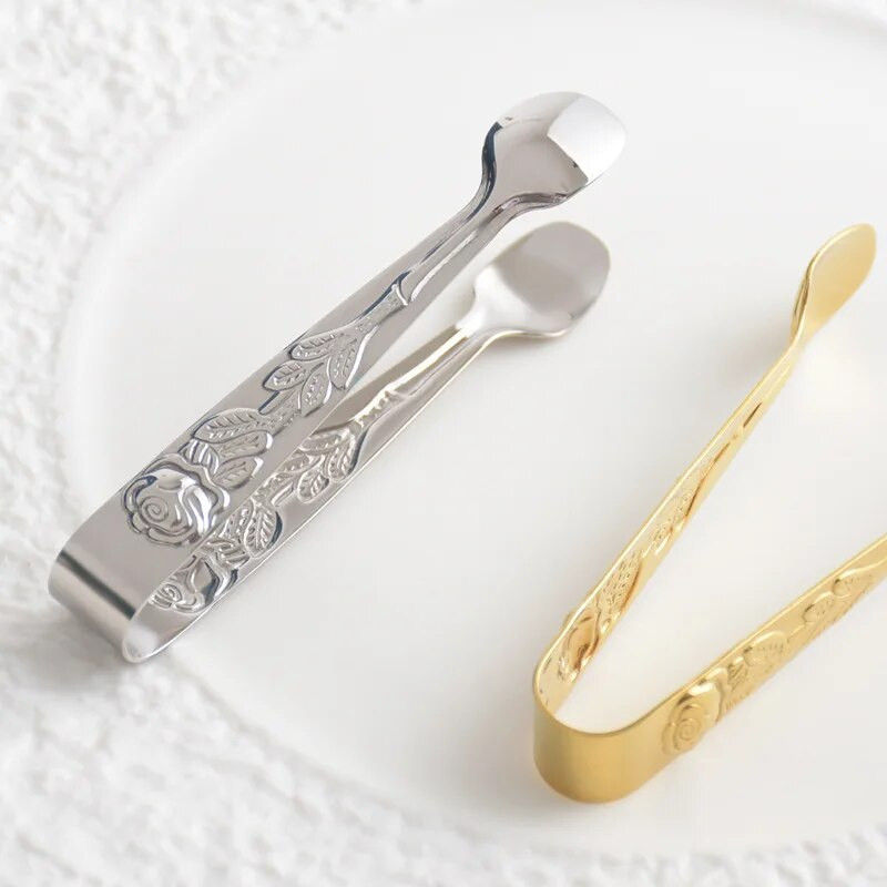 Kiváló minőségű jégfogó, dombornyomott rozetta fogantyú, rozsdamentes acél ételfogó szelet/aranycsipesz BBQ csipesz konyhai bár kellékek