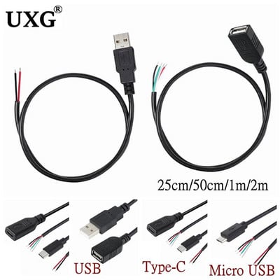 Micro USB 2.0 A ženski muški utičnica Produžni kabel napajanja 4 Pin 2 Pin 4 Žice DIY Data Line Kabel za punjenje Type-C Žica 1 m 2 m