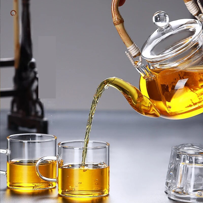 Lonac za čaj od bambusa s gredom ručkom Stakleni čajnik s filterom Stakleni čajnik otporan na toplinu i set šalica Pu Erh Puer Lonci za kuhanje čaja