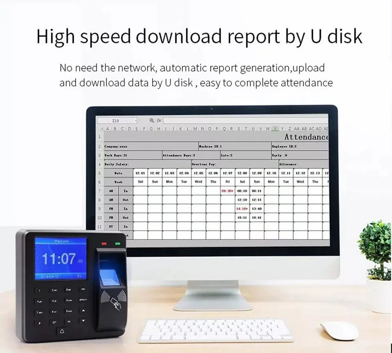 M10 Контрол на достъпа и присъствие Всичко-в-едно Машина Човешки пръстов отпечатък/Парола/лична карта Swipe Функция за аларма U Disk Upload Download