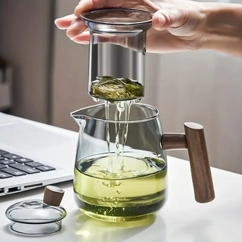 Стъклена кана за чай с дървена дръжка Китайски топлоустойчив стъклен чайник Прозрачен задушен чай Стъклен чайник Комплект за чай Инфузьор Чай