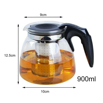 Топлоустойчива стъклена кана за чай 900 ml чайник Чайник с голям капацитет, устойчив на висока температура, билков филтър от неръждаема стомана