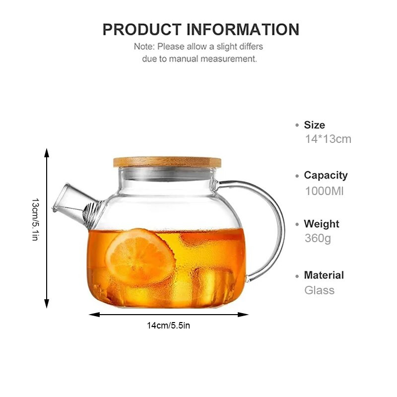 YMEEI 1L Чайник от боросиликатно стъкло с голям капацитет Топлоустойчиви филтри за прозрачни бутилки за вода Чайник за цветя с бамбуков капак