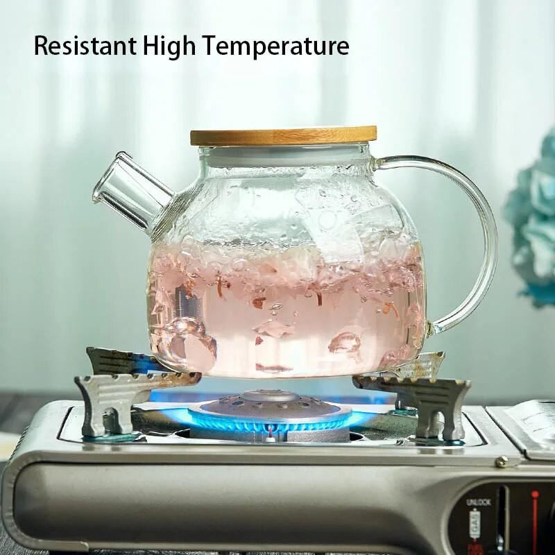 YMEEI 1L Чайник от боросиликатно стъкло с голям капацитет Топлоустойчиви филтри за прозрачни бутилки за вода Чайник за цветя с бамбуков капак