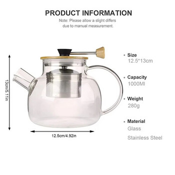 YMEEI 1L стъклен чайник с инфузер от неръждаема стомана Отопляем контейнер Чайник Прозрачен чай с цветя Чай с бамбуков капак Съдове за напитки